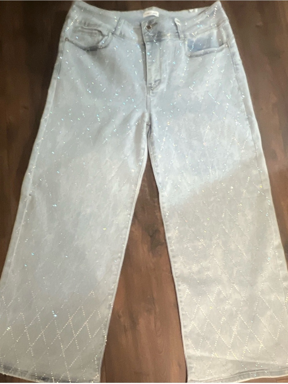 Women's Light Blue Glitter Wide-Leg Jeans